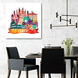 «Италия, коллаж» в интерьере современной столовой с черными креслами