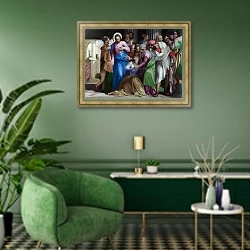 «Christ addressing a Kneeling Woman» в интерьере гостиной в зеленых тонах