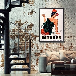 «Gitanes, cigarettes de la Régie française» в интерьере двухярусной гостиной в стиле лофт с кирпичной стеной