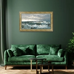 «Surf on Rocks» в интерьере зеленой гостиной над диваном