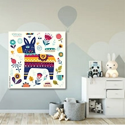 «Милый ослик с цветочными элементами» в интерьере детской комнаты для мальчика с росписью на стенах