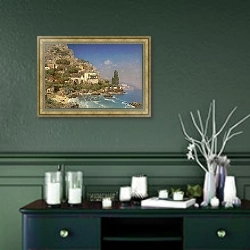 «Вид На Побережье Амальфи» в интерьере прихожей в зеленых тонах над комодом