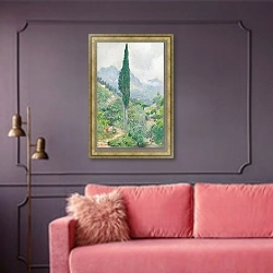 «Крымский пейзаж» в интерьере гостиной с розовым диваном