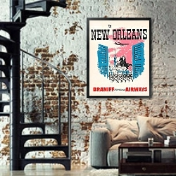 «В Новый Орлеан – авиакомпания Braniff International Airways» в интерьере двухярусной гостиной в стиле лофт с кирпичной стеной