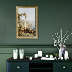 «Амальфи Над Неаполитанским Заливом» в интерьере прихожей в зеленых тонах над комодом