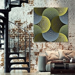 «Зеленые геометрические лепестки» в интерьере двухярусной гостиной в стиле лофт с кирпичной стеной