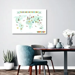 «Карта мира. Путешествия и туризм» в интерьере современной кухни над обеденным столом