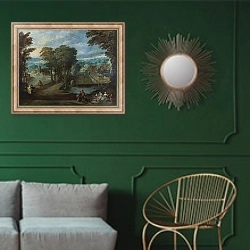 «Музыкальная вечеринка у деревни» в интерьере классической гостиной с зеленой стеной над диваном