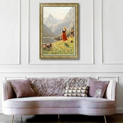 «Молодая девушка с корзинкой в горах» в интерьере гостиной в классическом стиле над диваном