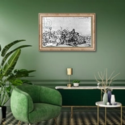 «A Cavalry Battle» в интерьере гостиной в зеленых тонах