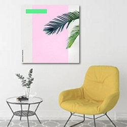 «Пальмовые листья на ярком фоне» в интерьере комнаты в скандинавском стиле с желтым креслом