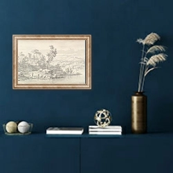«Southern Landscape with Figures and Cattle at a River» в интерьере в классическом стиле в синих тонах