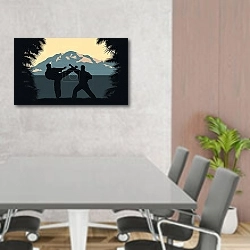 «Двое мужчин занимают каратэ на фоне горы» в интерьере современного офиса над столом для конференций