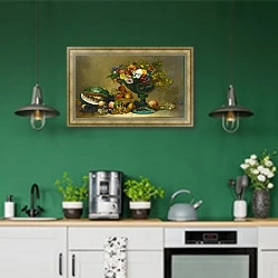 «Still life of flowers and fruit» в интерьере кухни с зелеными стенами