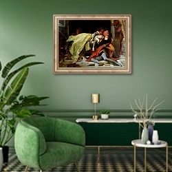 «Death of Francesca da Rimini and Paolo Malatesta, 1870» в интерьере гостиной в зеленых тонах