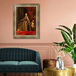 «Портрет Екатерины II 12» в интерьере гостиной с розовым диваном