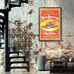 «Ask for Saratoga red spring splits, cures dyspepsia and indigestion» в интерьере двухярусной гостиной в стиле лофт с кирпичной стеной