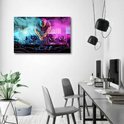 «Ди-джей играет на проигрывателе компакт-дисков в ночном клубе » в интерьере современного офиса в минималистичном стиле