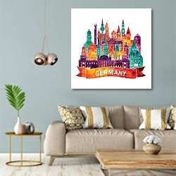 «Германия, коллаж» в интерьере современной гостиной с голубыми стенами