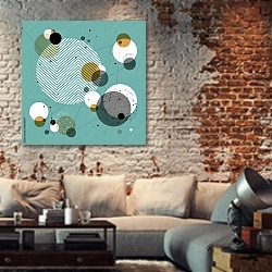 «Абстракция с белыми и золотыми кругами» в интерьере гостиной в стиле лофт с кирпичной стеной