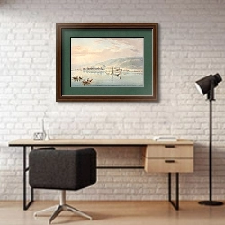 «Vue du Lac de Bienne et du bateau à vapeur ‘Union’ près de La Neuveville» в интерьере современного кабинета с кирпичными стенами