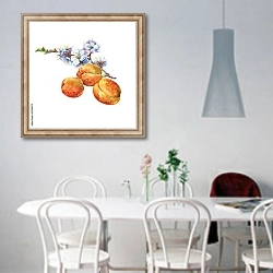 «Три спелых абрикоса и цветущая веточка» в интерьере светлой кухни над обеденным столом