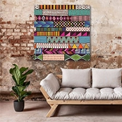 «Пёстрый разноцветный узор» в интерьере гостиной в стиле лофт над диваном