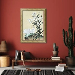 «Две белых голубки и белый цветок лилии» в интерьере прихожей в этническом стиле с красной стеной