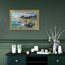 «A View of Villa Percanetti in Recco» в интерьере прихожей в зеленых тонах над комодом