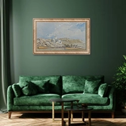 «Château de Lourdes» в интерьере зеленой гостиной над диваном