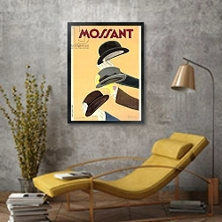 «Advertising poster for Mossant hats, 1938» в интерьере в стиле лофт с желтым креслом
