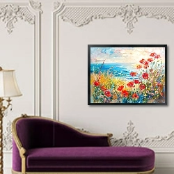 «Poppies and daisies in the morning glow» в интерьере в классическом стиле над банкеткой