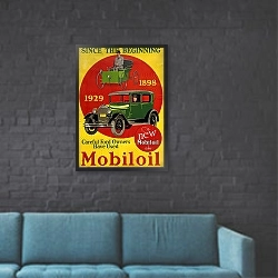 «Since the beginning careful Ford owners have used Mobiloil The new Mobiloil is here» в интерьере в стиле лофт с черной кирпичной стеной
