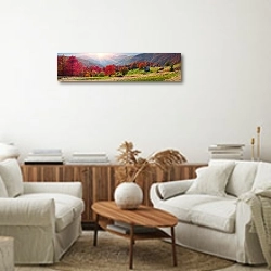 «Домики пастухов в осенних горах» в интерьере современной светлой гостиной над комодом