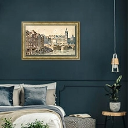 «Город и Пон-о-Менд в 1800 году» в интерьере классической спальни с темными стенами