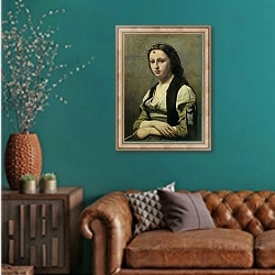«The Woman with the Pearl, c.1842» в интерьере гостиной с зеленой стеной над диваном