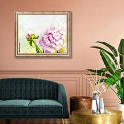 «Розовые и белые цветы пионов в белой вазе, деталь 4» в интерьере классической гостиной над диваном