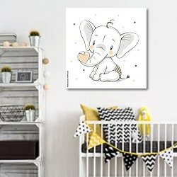 «Слоненок с сердечком» в интерьере детской комнаты для мальчика с желтыми деталями