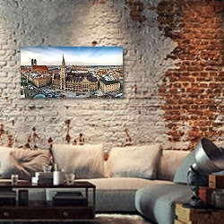 «Германия. Мюнхен. Панорама» в интерьере гостиной в стиле лофт с кирпичными стенами