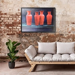 «Red Pots, 1988» в интерьере гостиной в стиле лофт над диваном