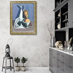 «Натюрморт с кувшином для воды, полотенцем и банками» в интерьере современной кухни в серых тонах