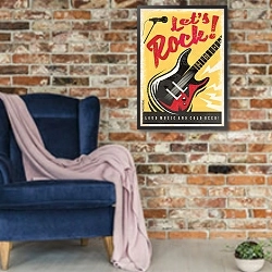 «Рок-музыка, ретро-плакат с электрогитарой » в интерьере в стиле лофт с кирпичной стеной и синим креслом