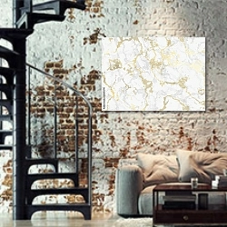 «Мрамор с золотыми прожилками» в интерьере двухярусной гостиной в стиле лофт с кирпичной стеной