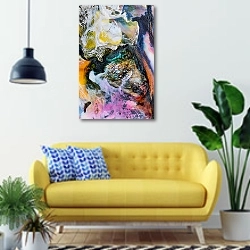 «Разноцветные потеки краски 1» в интерьере современной гостиной с желтым диваном