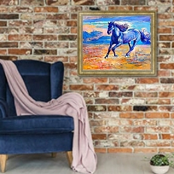 «Синяя лошадь» в интерьере в стиле лофт с кирпичной стеной и синим креслом