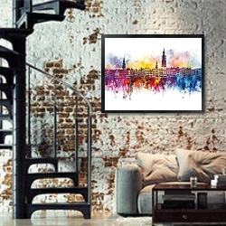 «Brussels skyline» в интерьере двухярусной гостиной в стиле лофт с кирпичной стеной