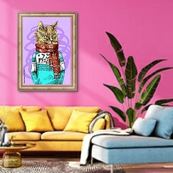 «Кот в вязаном свитере» в интерьере яркой красочной гостиной в стиле поп-арт