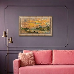 «Pont Des Saints-Pères À Paris, Soleil Couchant» в интерьере гостиной с розовым диваном