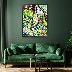«Garden with Flowering Yucca» в интерьере зеленой гостиной над диваном