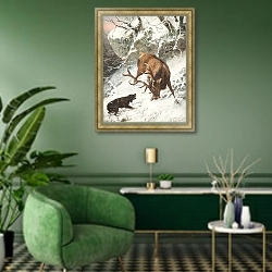 «Гончая, ловящая королевского оленя» в интерьере гостиной в зеленых тонах